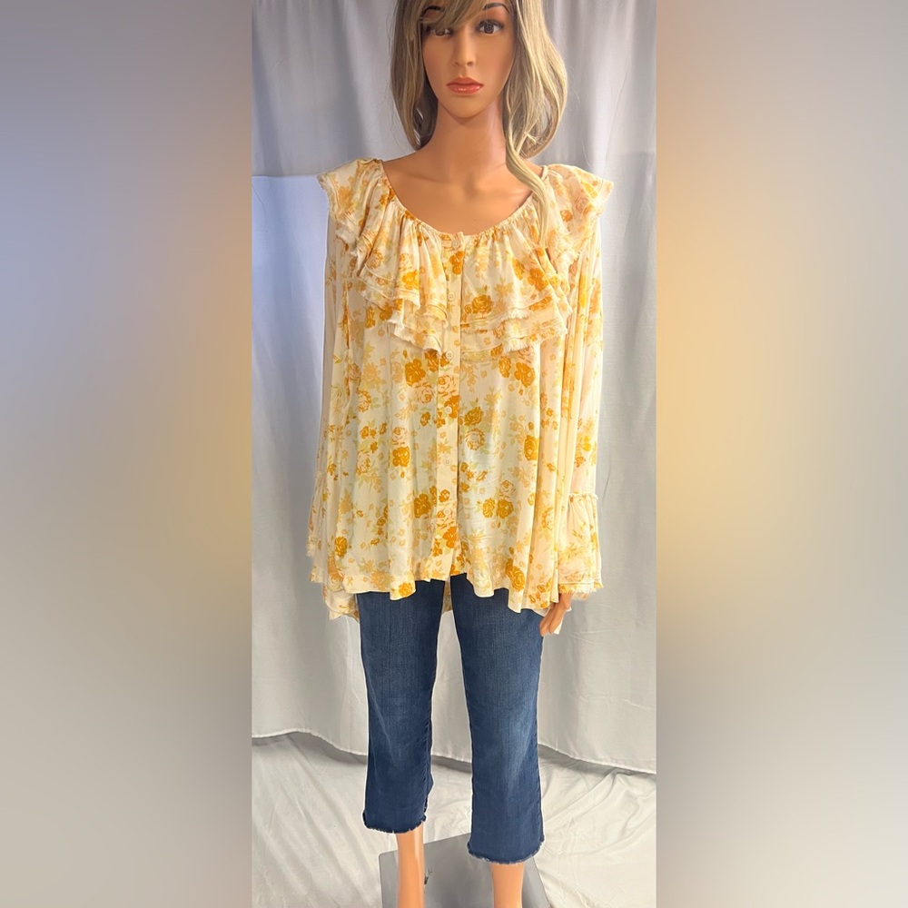 Free People Yellow Floral Ruffle Blouse